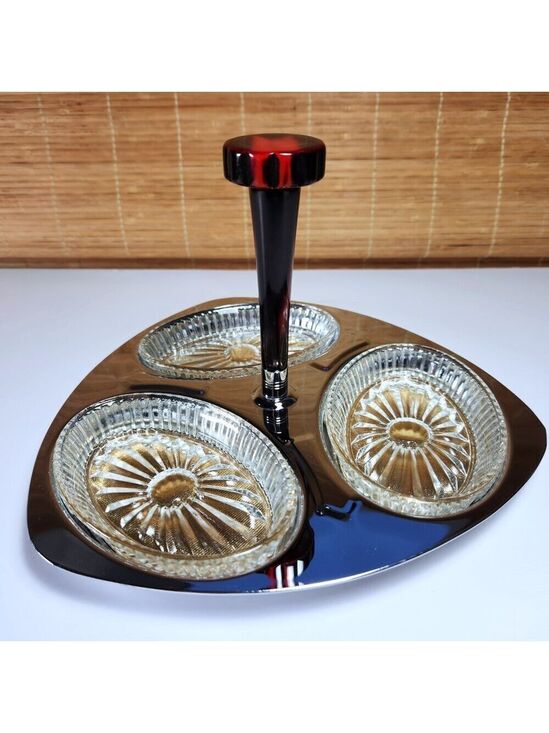 Other - Glo-Hill Gourmates Relish Serving Tray Red Bakelite Handle Gold Colour Inserts